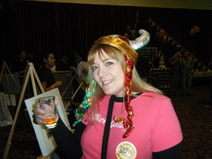 donna talarico in viking hat and beer goddess t-shirt