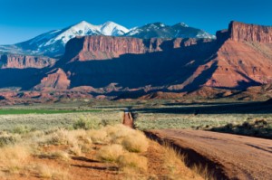 La Sal Mountains near Moab dirt road with mountains in distance