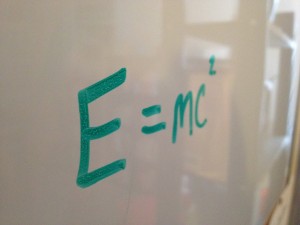 E equals m c squared on marker board