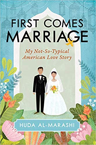 Cover of first comes marriage illustration of couple in wedding garb inside arched doorway