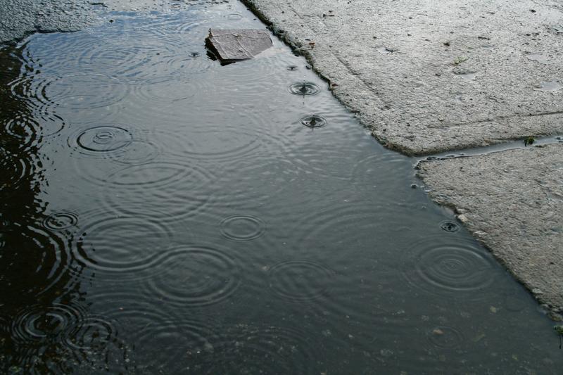 puddle next to sidewalk, close up of raindrops splashing inside