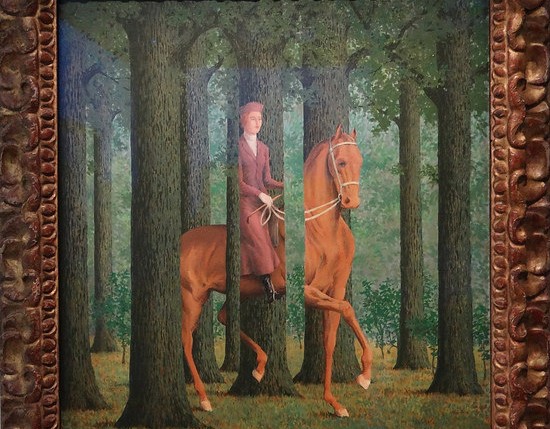 Paining of man on horse in forest with a little bit of optical illusion