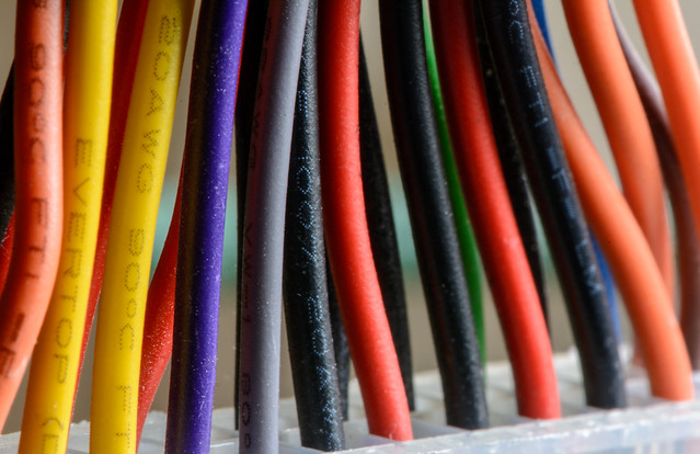 Close up shot of varying color electrical wires