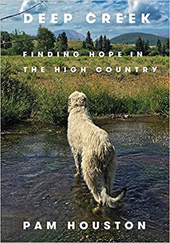 cover of hope in the high country; dog in creek with mountains behind