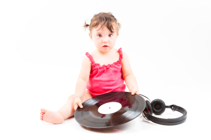 baby and vinyl record.