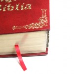 red spanish bible with bookmark ribbon hanging out