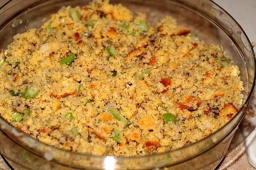 cornbread stuffing with celery in bowl