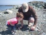 toddler and father looking at rocks on maine coast