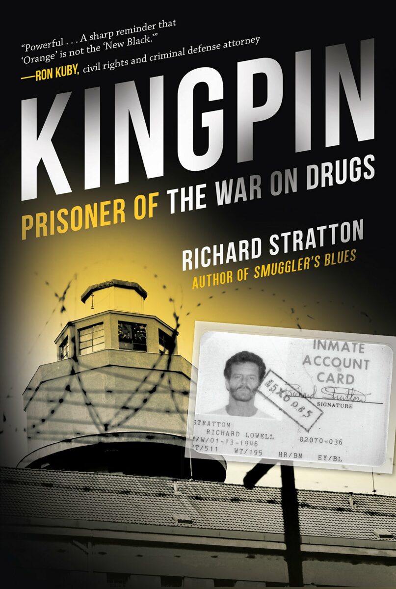 cover of kingpin the war on drugs features boat and prison id card