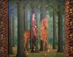 paining of man on horse in forest with a little bit of optical illusion
