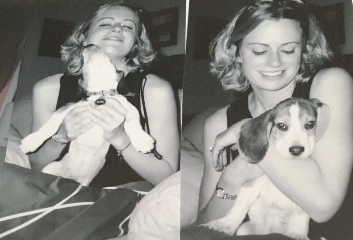 collage of author with Bowie the dog from story