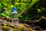 Plastic bottle with fresh drinking water on green forest background