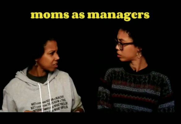Still frame from moms as managers web series showing jill louise busby and her mother alma