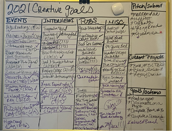 slide from athena's presentation - a picture of her whiteboard with four columns filled with goals for events, interviews, pubs. and misc