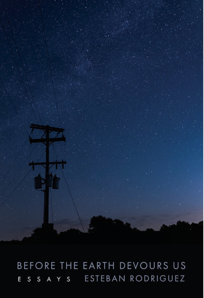 Book cover for before the earth devours us showing telephone pole against the night sky