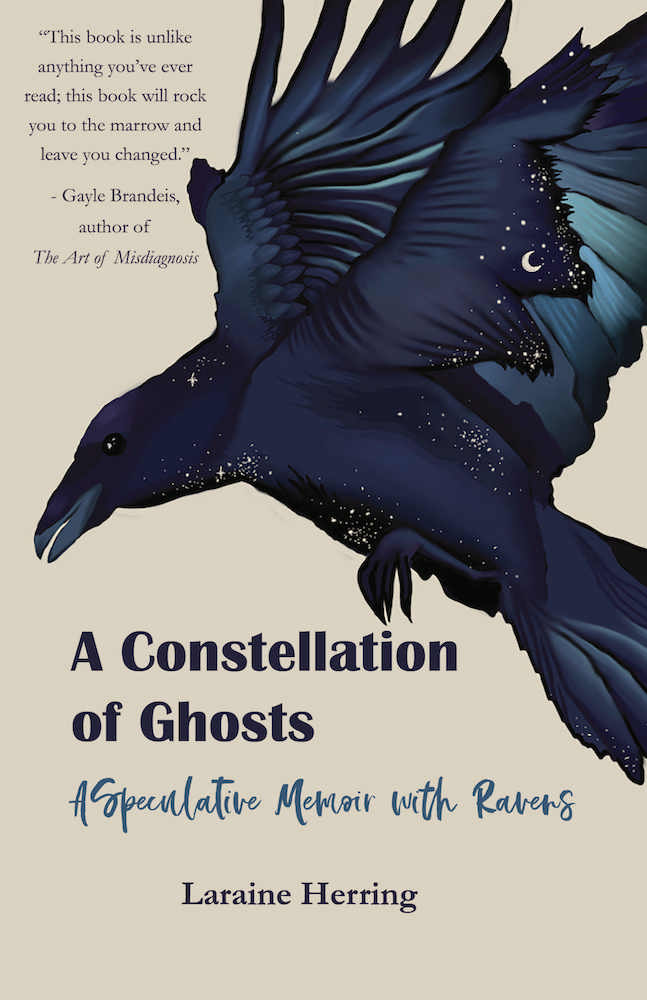 Book Cover: A Constellation of Ghosts, showing a raven in flight on a cream color background.
