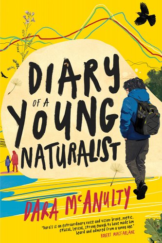 Cover of diary of a young naturalist with drawing of young man with backpack