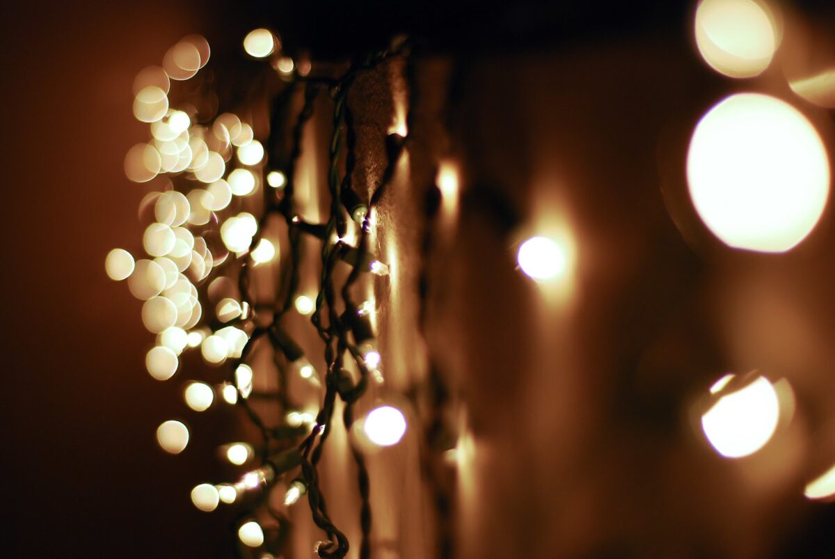 close-up of strand of shiny, small light bulbs