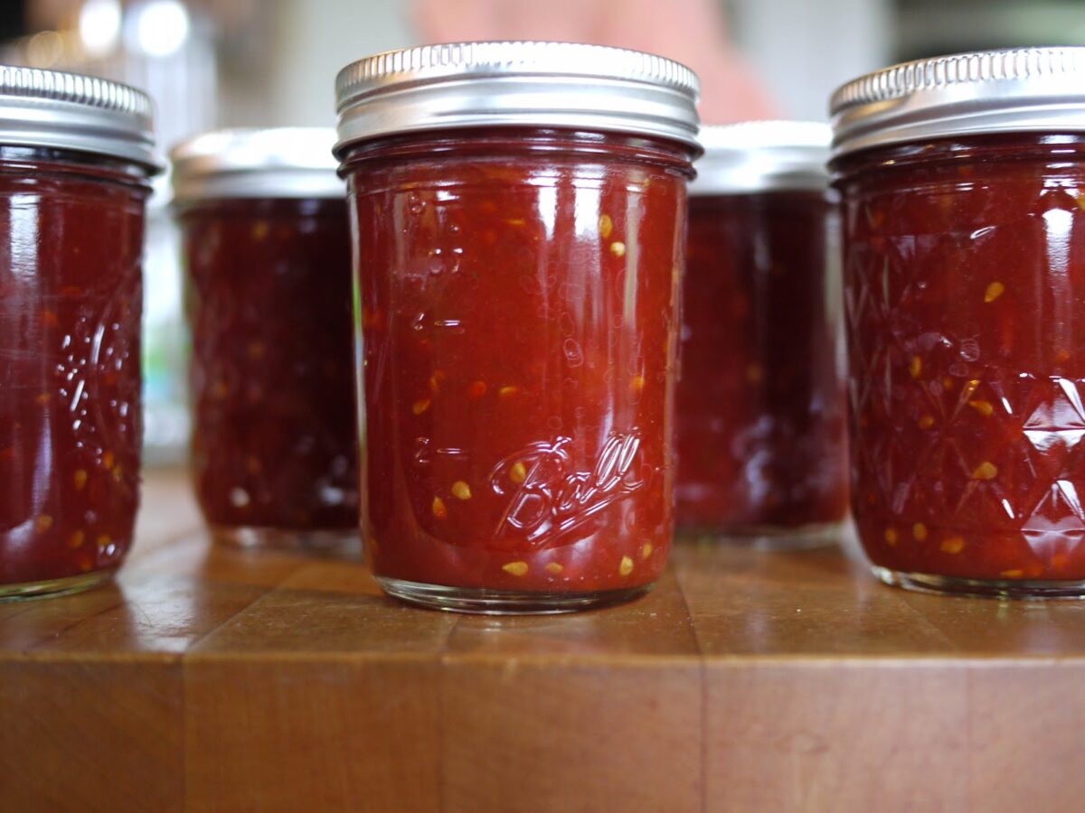jars of homemade canned tomato sauce