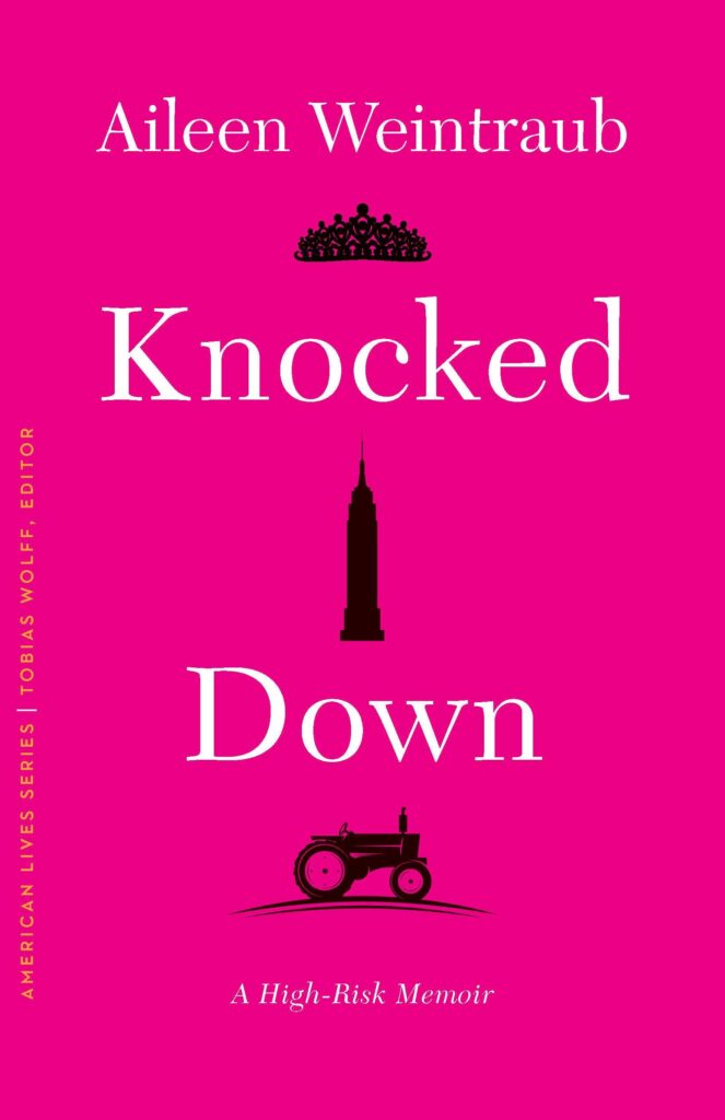 Hot pink cover of memoir knowed down with images of a tractor skyscraper and farmhouse