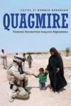 A soldier kneels and offers his hand to a child with the book title Quagmire printed above in blue letters