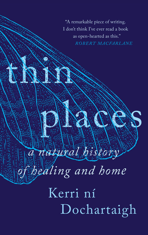 The title thin places is in pale blue over a line drawing of a leaf