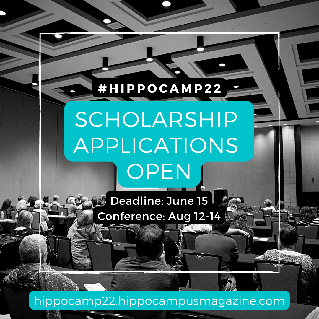 Banner with conference room in background with text overlay that says scholarship apps are open for hippocamp22