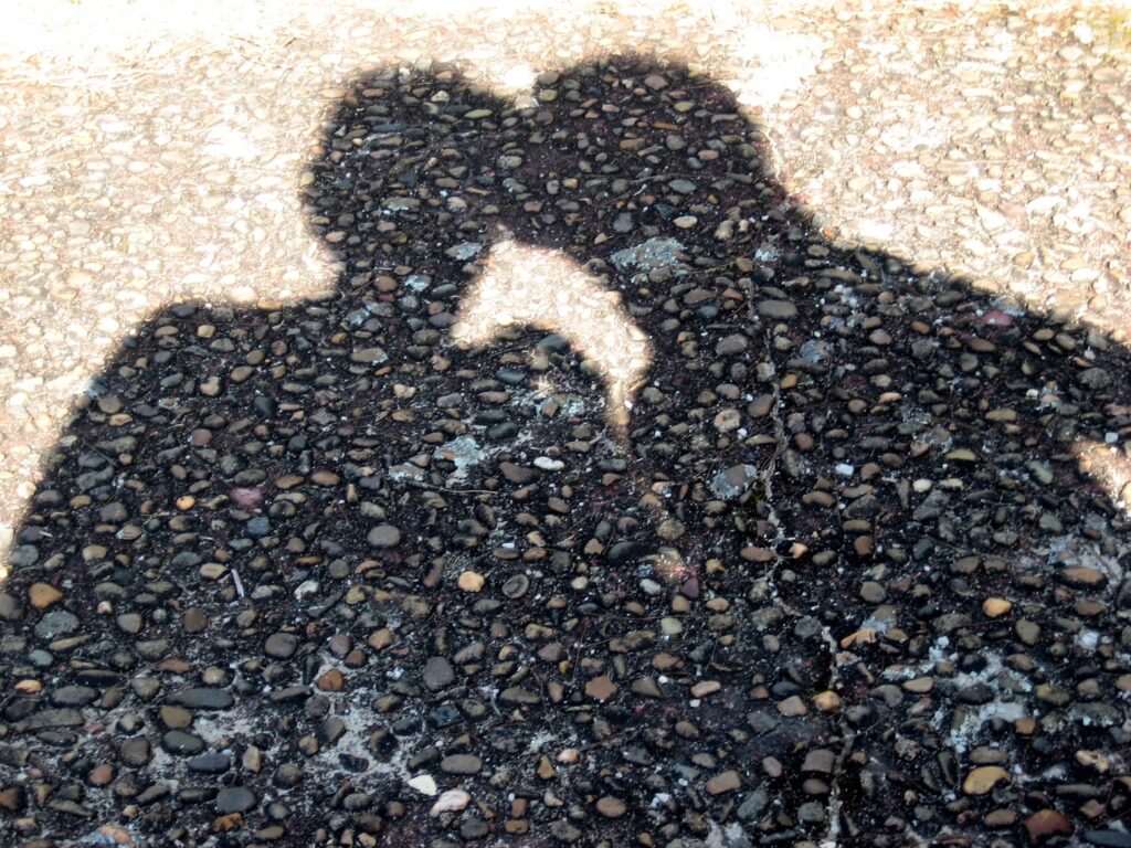 Shadows of two people with heads touching on a rocky surface