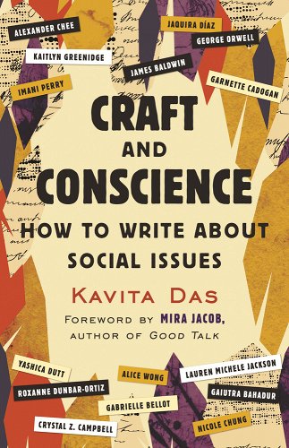 The book title Craft and Conscience is seen in front of a collage of words ad colored shapes