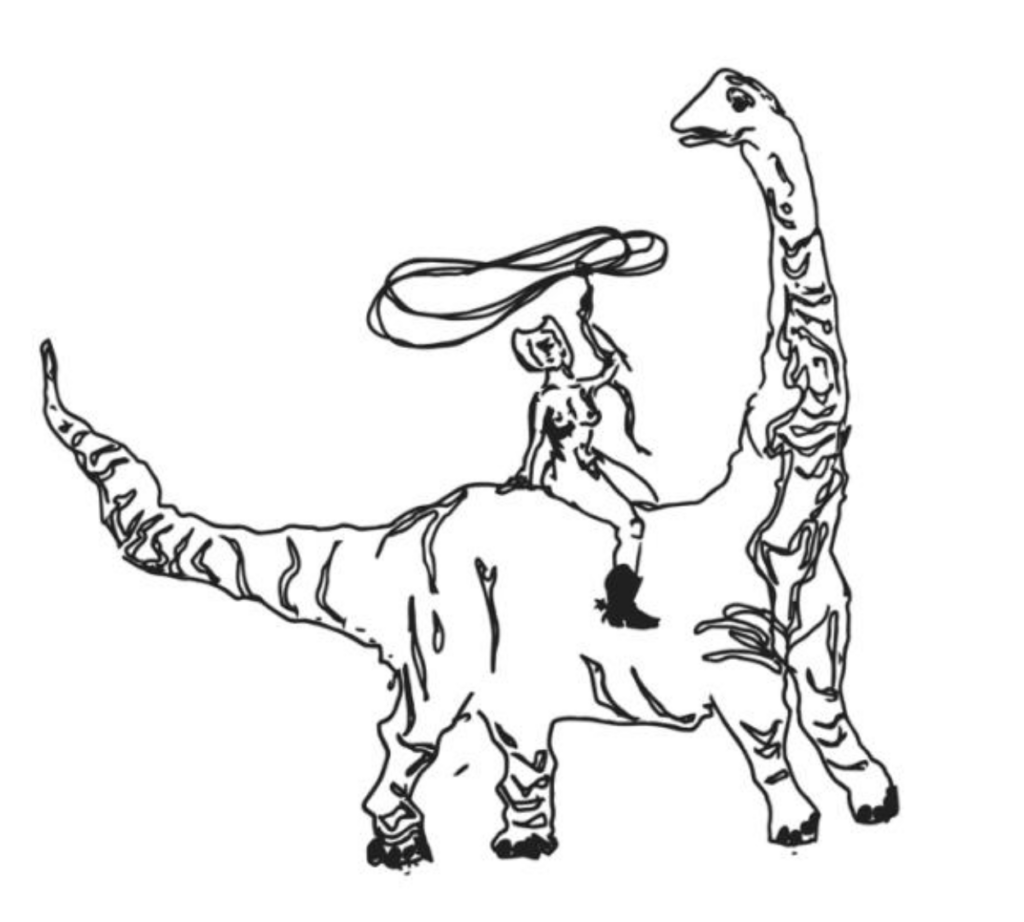 Drawing of a naked woman twirling a lasso on the back of a brontosaurus