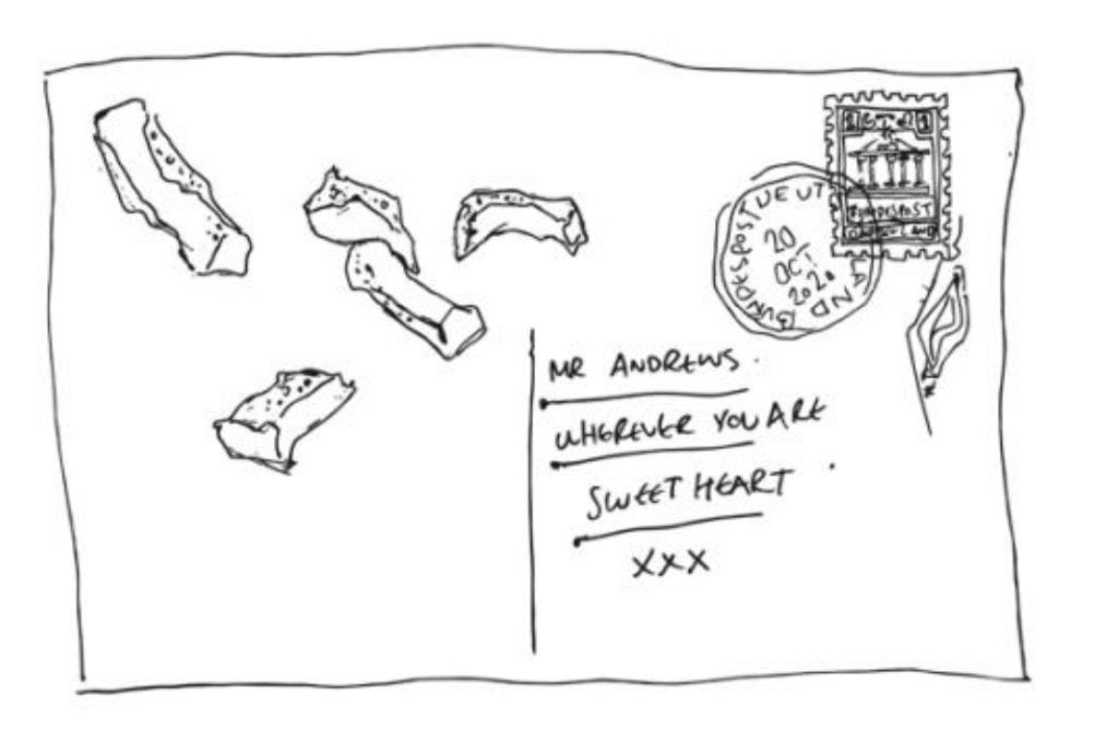 Drawing of a postcard addressed to mr Andrews