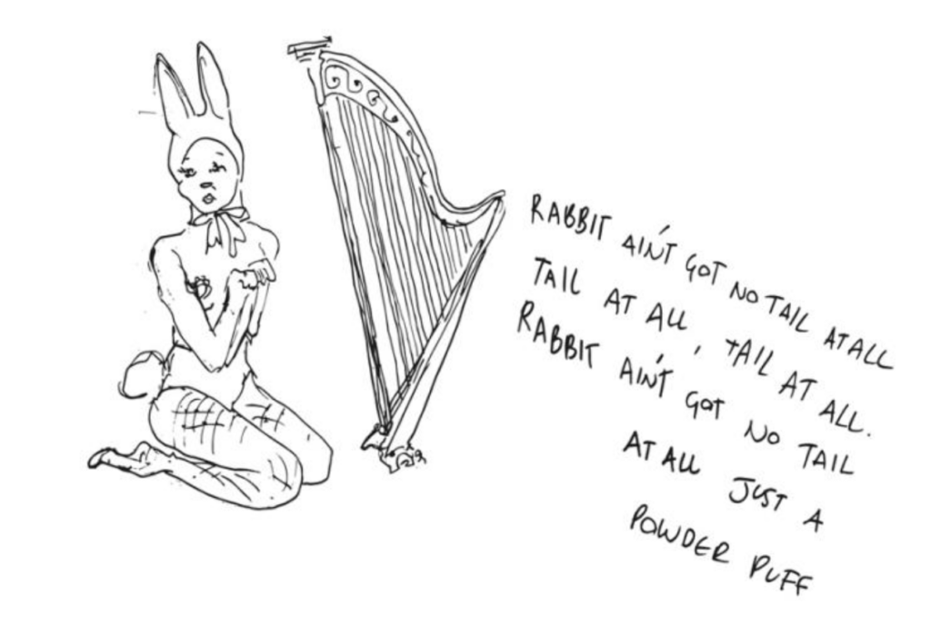 Hand drawing of a woman in a bunny costume next to a harp