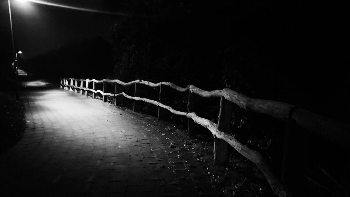 Dark night with street light illuminating a wooden fence