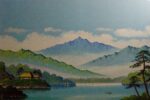 water color painting of mountain peaks with lake