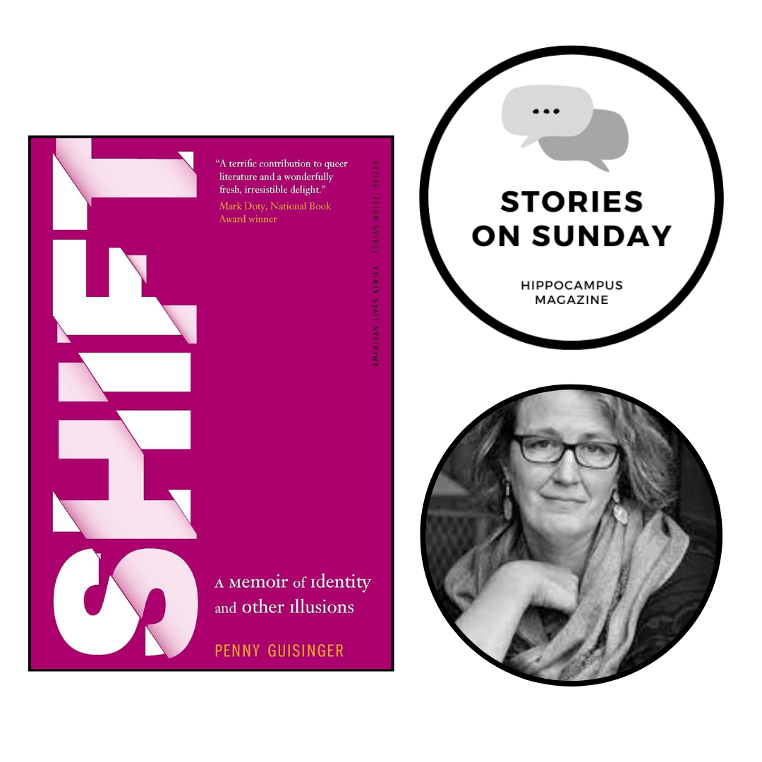 penny guisinger head shot and cover of her book, shift in which letters are distorted.