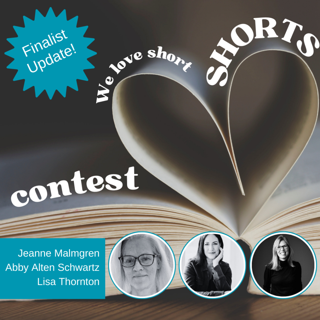 we love short shots image with contest name written on book pages folded in to look like a heart; says finalists, with headshots of three finalists. 