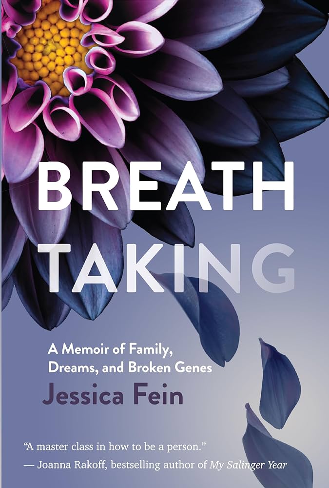 cover of breath taking by jessica fein, flowers in upper left corner with petals falling to the right