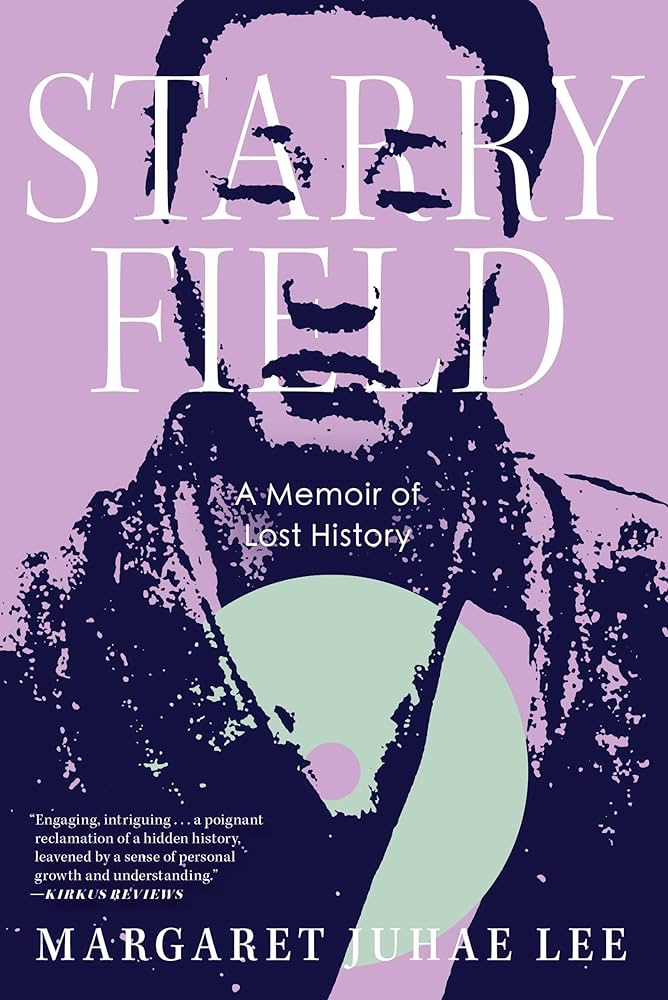 cover of starry field by margaret juhae lee, abstract and stylized image of author in purple