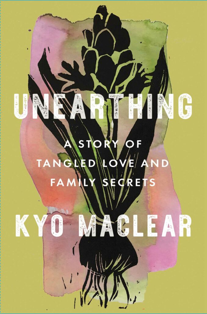 cover of unearthing by kyo maclear, yellow background with watercolor flowers, including roots showing