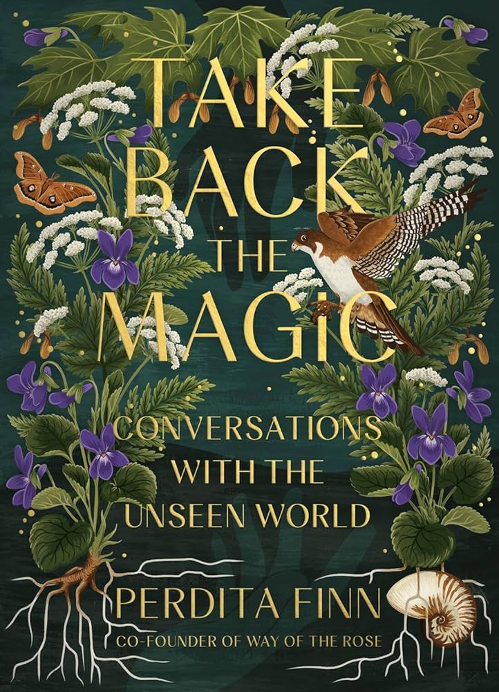 cover of Conversations With the Unseen World by Perdita Finn - black background with flower, butterflies, and plant roots - mix of dark feeling with growht