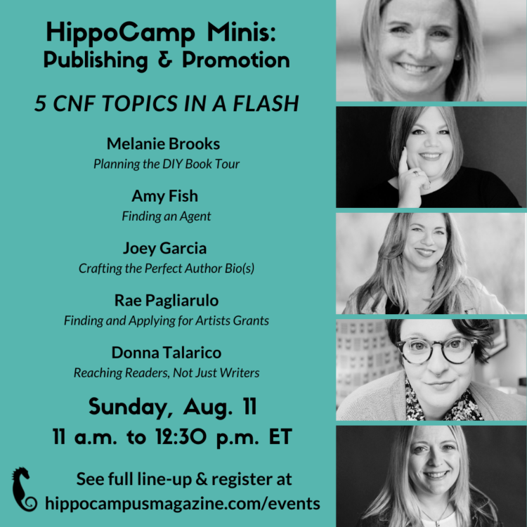 promo image for hippocamp minis, aug. 10, 2024, Melanie Brooks Planning the DIY Book Tour Amy Fish Finding an Agent Joey Garcia Crafting the Perfect Author Bio(s) Rae Pagliarulo Finding and Applying for Artists Grants Donna Talarico Reaching Readers, Not Just Writers