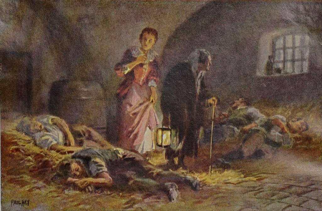 A painting of a women in a barn with lanterns walking while men are asleep on the hay